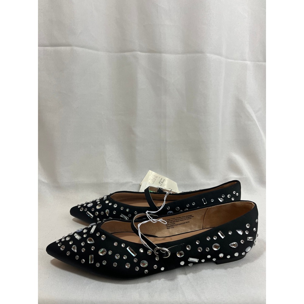 A New Day Women Black Rhinestone Embellished Pointed Toe Mary Jane Flats Size 10